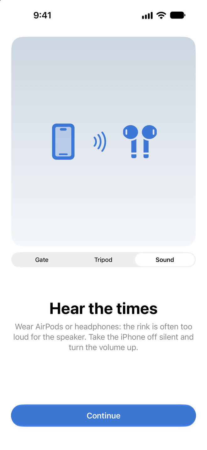 Mounting guide with the switch set to Sound, showing an iPhone sending sound to a pair of AirPods, with the text Hear the times: wear AirPods or headphones, the rink is often too loud for the speaker