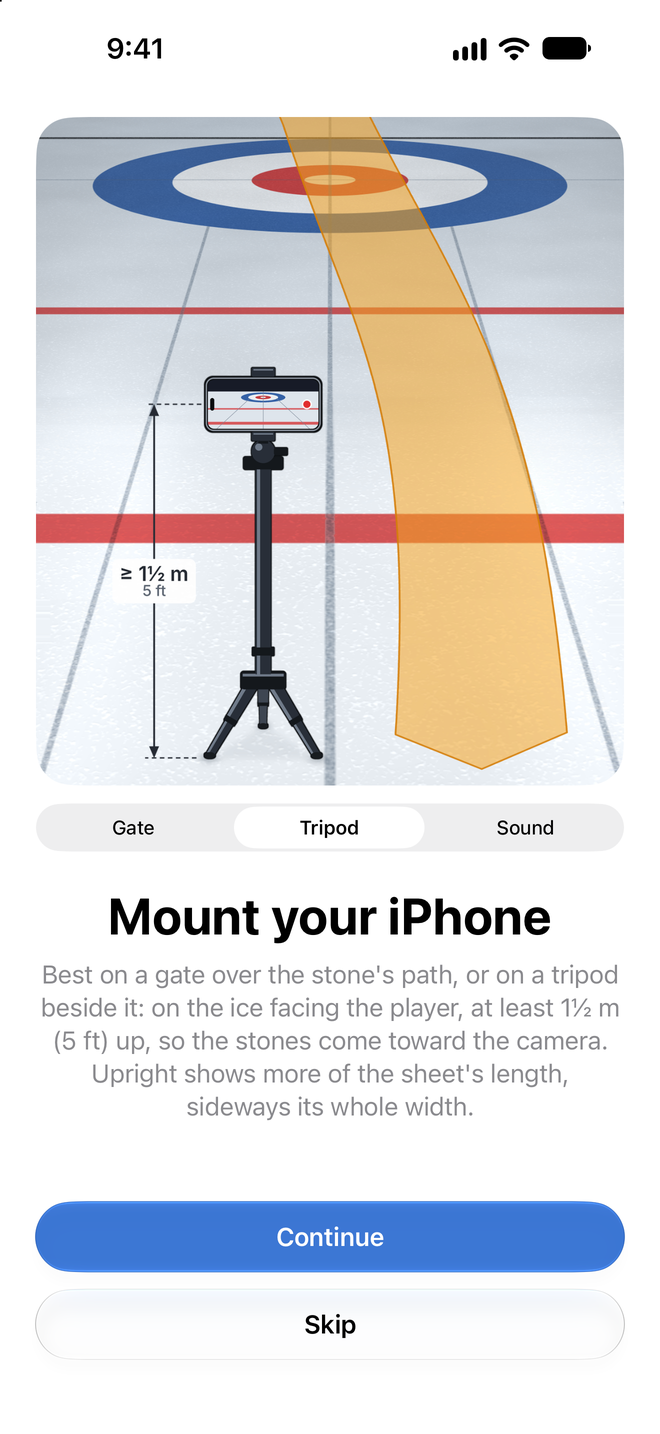 Mounting guide with the switch set to Tripod, showing an iPhone on a tripod beside the stone's path on the ice, with the same height marker and Continue and Skip buttons
