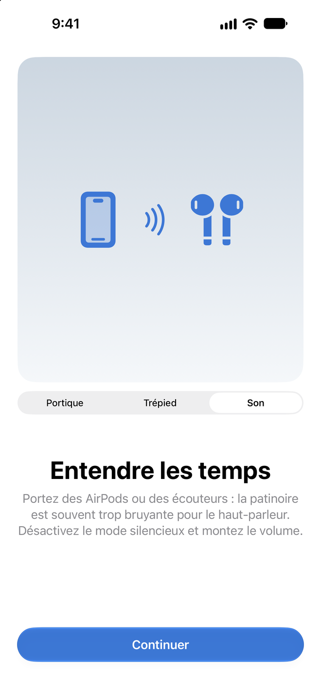 Guide d'installation avec le sélecteur sur Son, montrant un iPhone qui envoie le son à des AirPods, avec le texte Entendre les temps : portez des AirPods ou des écouteurs, la patinoire est souvent trop bruyante pour le haut-parleur