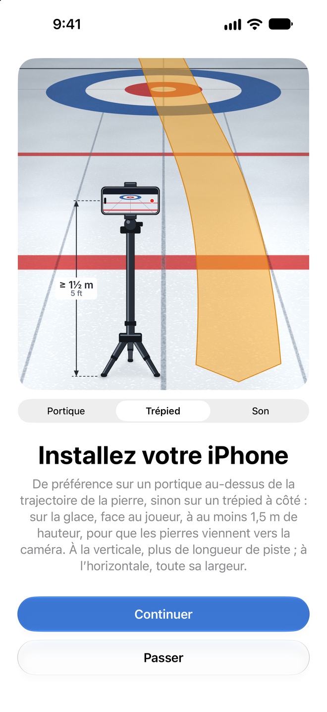 Guide d'installation avec le sélecteur sur Trépied, montrant un iPhone sur un trépied à côté de la trajectoire de la pierre sur la glace, avec le même repère de hauteur et les boutons Continuer et Passer