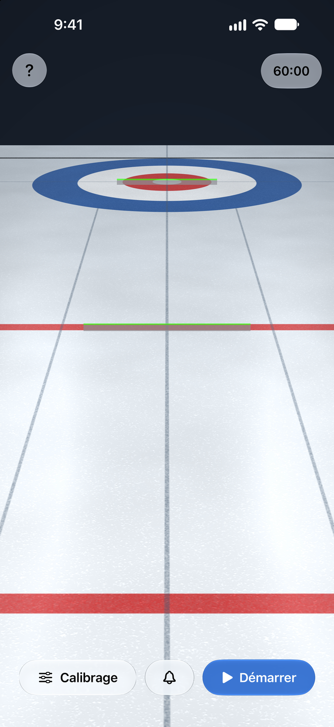Mode réglage avec deux barres de zone déplaçables sur la glace, chacune avec un bord supérieur vert, un bouton Aide en haut et les boutons Calibrage, bip et Démarrer